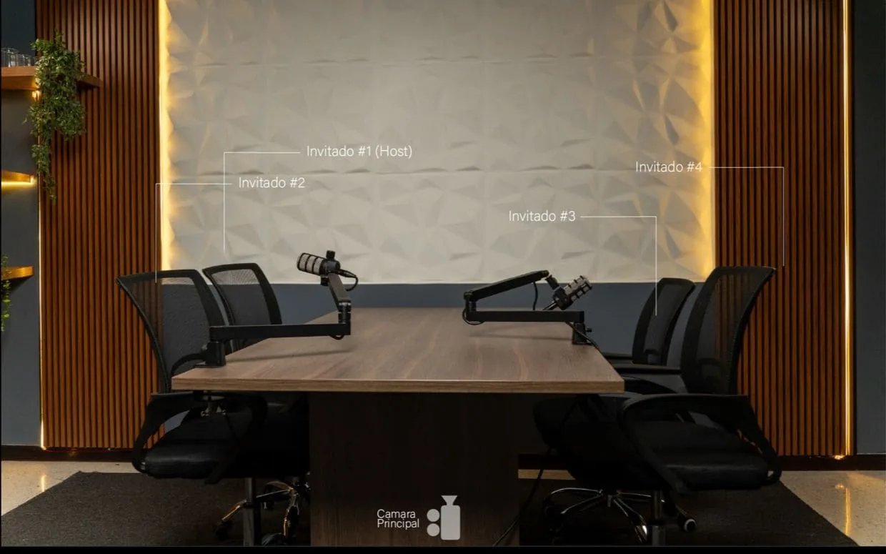 La mesa de DOSIS Creativa para cuatro puestos, con micrófonos de brazo y el panel 3D retroiluminado al fondo