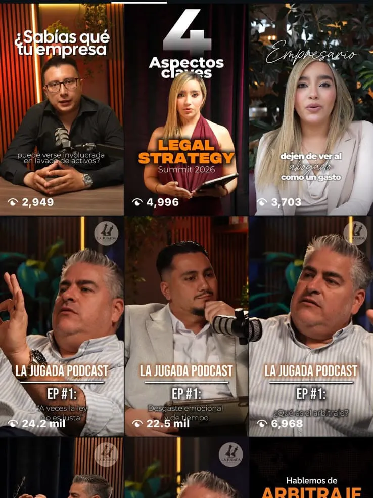 Grilla de reels del perfil de Instagram de Legal Strategy: miniaturas del pódcast La Jugada con sus conteos de reproducciones, de 1.745 a 33.300.